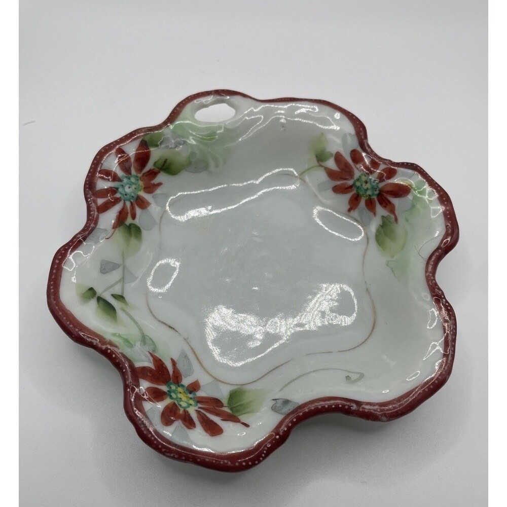 Antique Nippon Poinsettia Bonbon Dish Hand Painted 5" Scalloped Red Trim Japan
